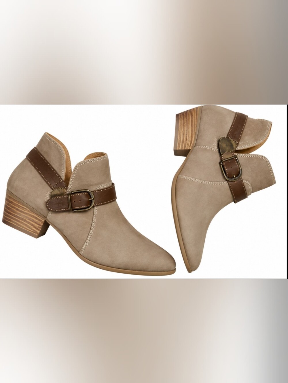 Wonderly Women's Size 6 Wide Taupe Faux Suede Ankle Booties with Brown Strap